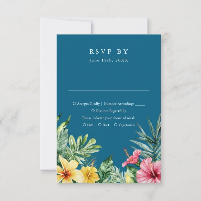 Ocean Blue Watercolor Tropical Floral Wedding RSVP Card (Front)