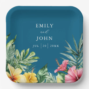 Ocean Blue Watercolor Tropical Flowers Wedding Paper Plate