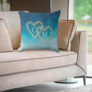 Ocean Blue Watercolor Waves With Monogram Wedding Cushion