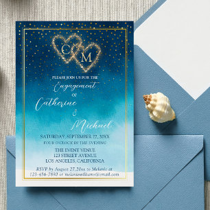 Ocean Blue Watercolor Waves With Monogram Wedding Invitation