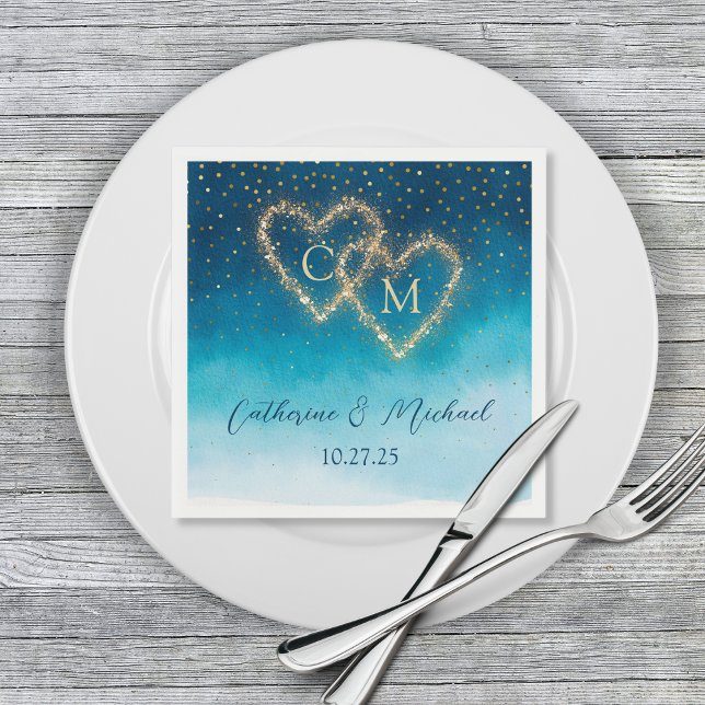 Ocean Blue Watercolor Waves With Monogram Wedding  Napkin (Creator Uploaded)