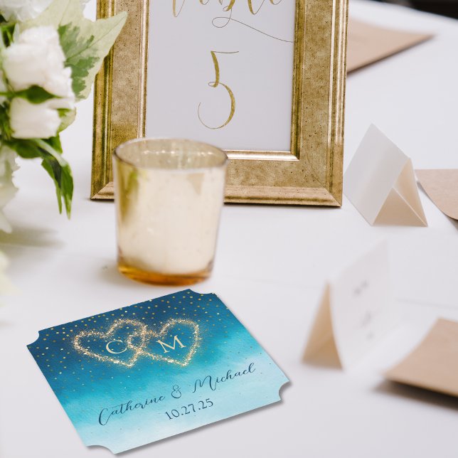 Ocean Blue Watercolor Waves With Monogram Wedding  Paper Coaster (Creator Uploaded)
