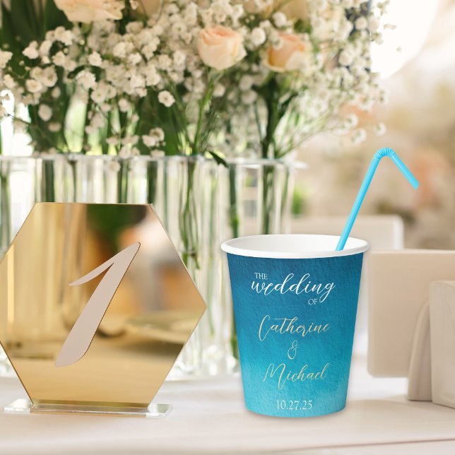 Ocean Blue Watercolor Waves With Monogram Wedding Paper Cups (Creator Uploaded)