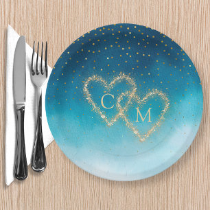 Ocean Blue Watercolor Waves With Monogram Wedding  Paper Plate