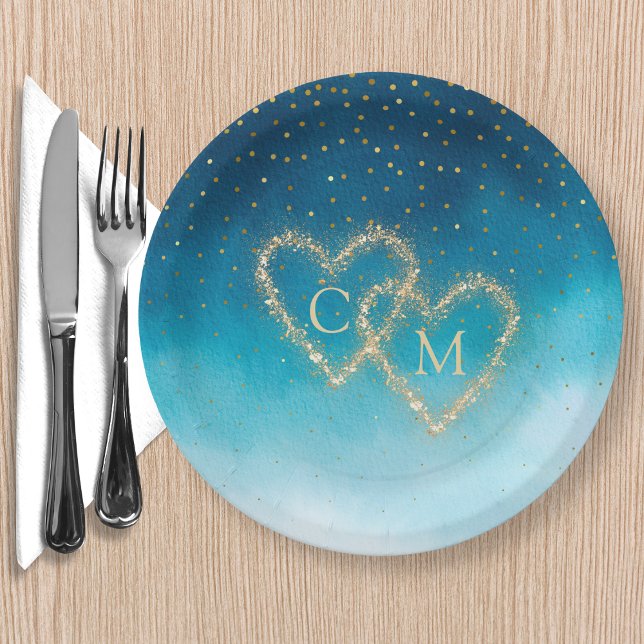 Ocean Blue Watercolor Waves With Monogram Wedding  Paper Plate (Creator Uploaded)