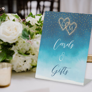 Ocean Blue Watercolor Waves With Monogram Wedding Pedestal Sign
