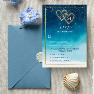 Ocean Blue Watercolor Waves With Monogram Wedding RSVP Card