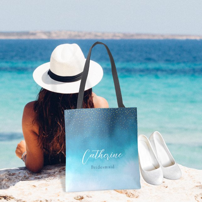Ocean Blue Watercolor Waves With Monogram Wedding  Tote Bag (Creator Uploaded)