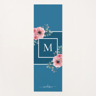 Ocean Blue Watercolour Flowers Monogram Yoga Mat