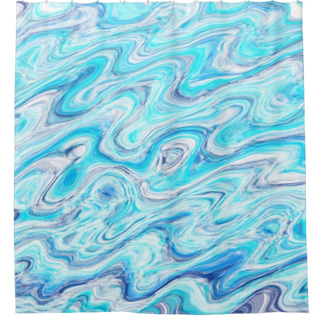 Ocean Blue Wave Marble Texture Abstract Liquid Shower Curtain (Front)