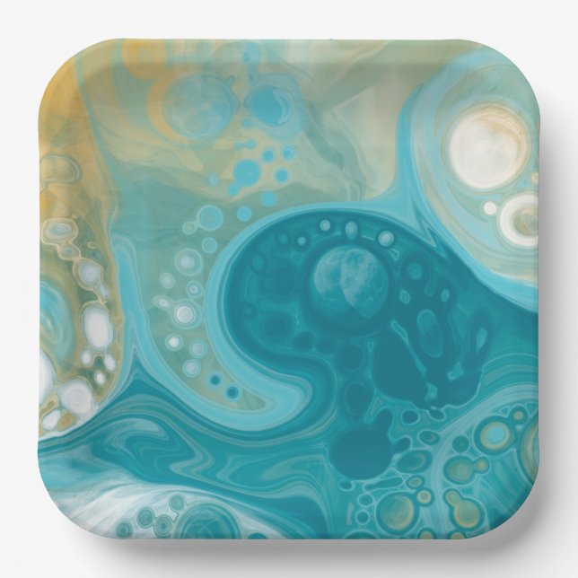 Ocean Blue Waves and Sandy Brown Fluid Art    Paper Plate (Front)