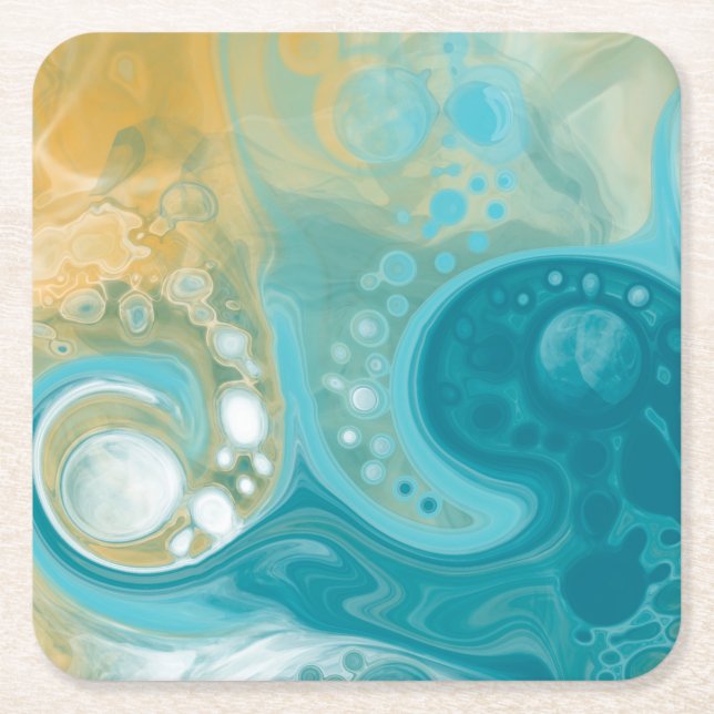 Ocean Blue Waves and Sandy Brown Fluid Art Square Paper Coaster (Front)