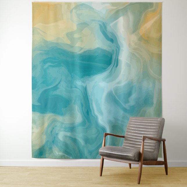 Ocean Blue Waves and Sandy Brown Fluid Art Tapestry (In Situ)