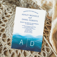 Ocean Blue Waves Watercolor Wedding Invitation
