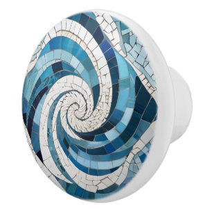 Ocean Blue Whirl Swirly Sea Abstract Faux Mosaic Ceramic Knob