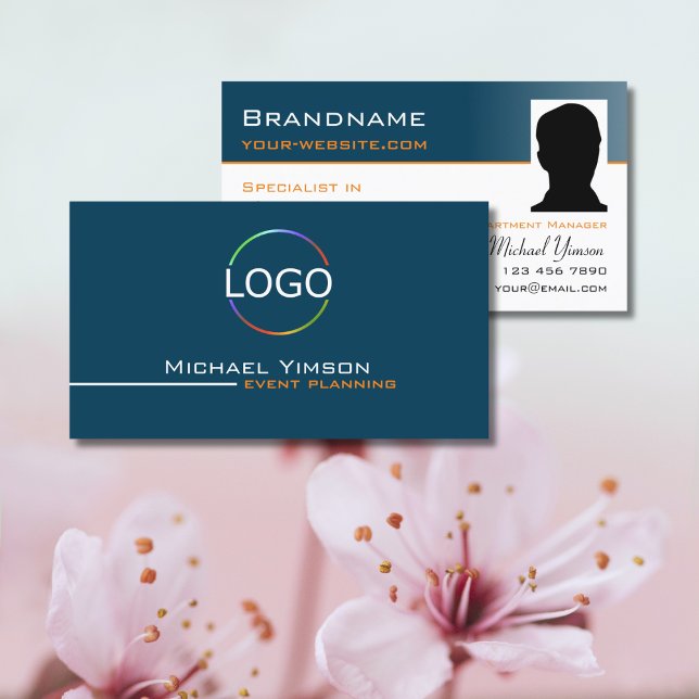 Ocean Blue White with Logo & Photo Professional Business Card (Creator Uploaded)