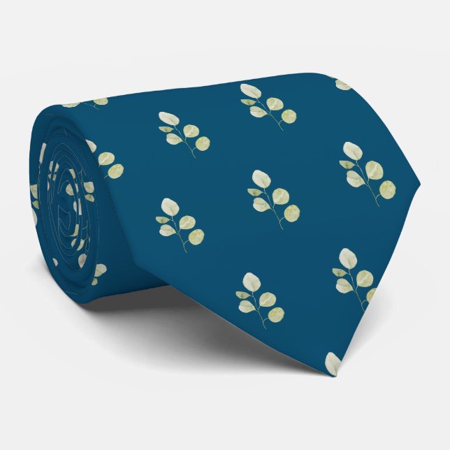 Ocean Blue with Green Leaves wedding Neck Tie (Rolled)