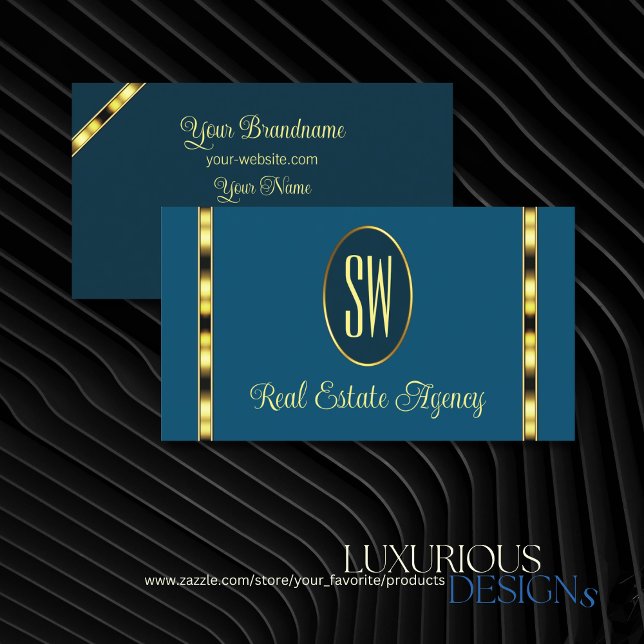 Ocean Blue with Monogram Gold Borders Professional Business Card (Creator Uploaded)