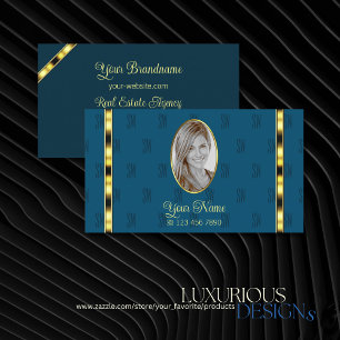 Ocean Blue with Photo Patterned Letters Gold Decor Business Card
