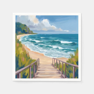 Ocean Boardwalk   Beach Waves Coastal Napkin