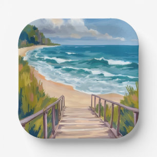 Ocean Boardwalk   Beach Waves Coastal Paper Plate