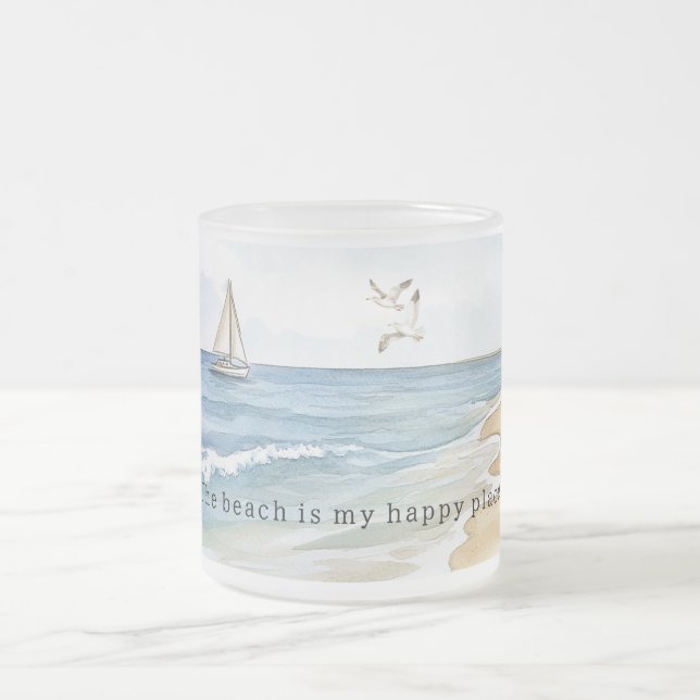 Ocean Boat Sea Birds Sand Beach Frosted Glass Coffee Mug (Center)