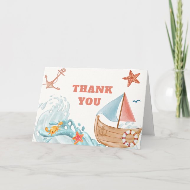 Ocean Boy Adventure Sailboat Baby Shower  Thank You Card (Front)