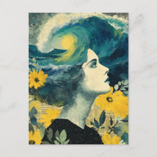 Ocean Brain Waves mixed media Collage Postcard