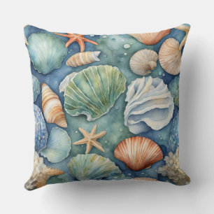 Ocean Breeze Watercolor: Seashell and Starfish Cushion