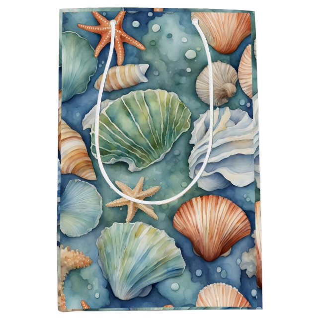 Ocean Breeze Watercolor: Seashell and Starfish Medium Gift Bag (Front)