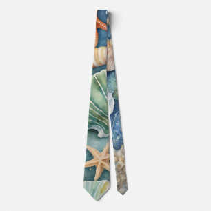 Ocean Breeze Watercolor: Seashell and Starfish Tie