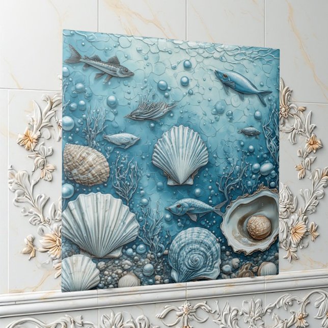 Ocean Bubble Aquatic Fish Seashell Underwater Art Tile (Ocean Bubble Aquatic Fish Seashell Underwater Art Ceramic Tile)