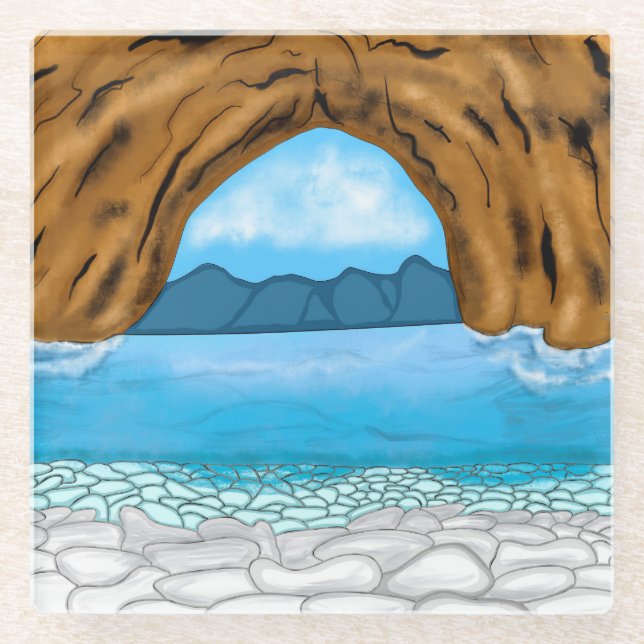 Ocean, Canyon and Mountains Digital Art   Glass Coaster (Front)