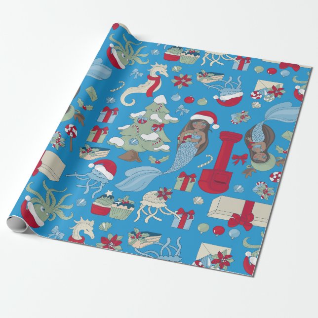 ocean christmas black mermaid seahorse jellyfish  wrapping paper (Unrolled)