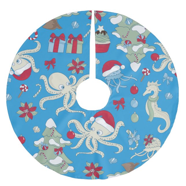 ocean christmas tree seahorse santa octopus brushed polyester tree skirt (Front)