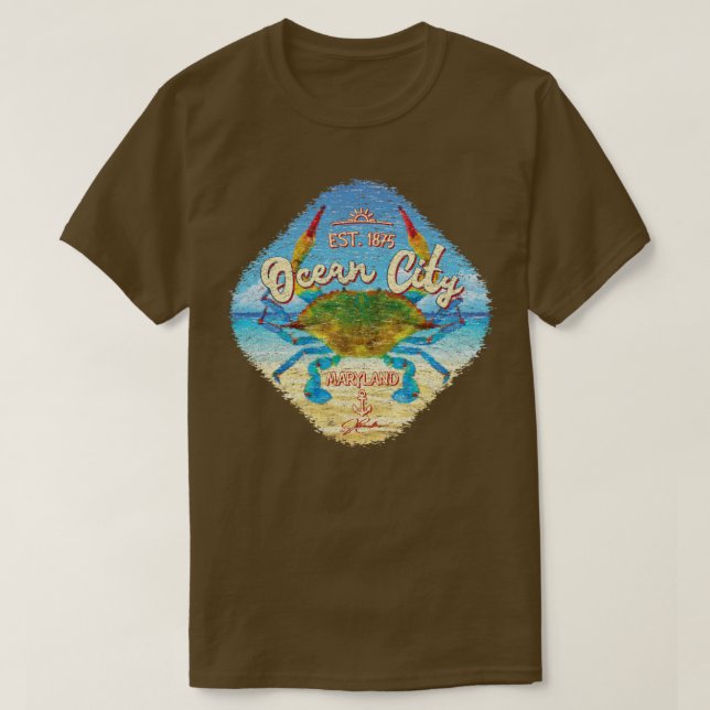 Ocean City Maryland Blue Crab on Beach T-Shirt (Design Front)