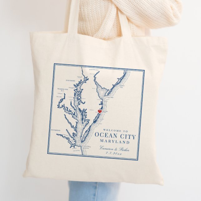 Ocean City Maryland Elegant Navy Wedding Welcome Tote Bag (Ocean City MD Wedding Guest Welcome Bag in elegant navy blue from Coastal Map Designs)
