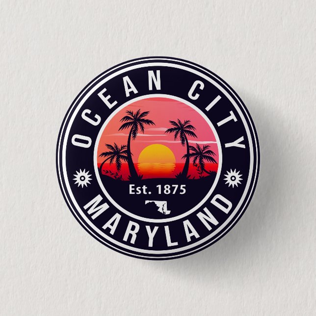 Ocean City Maryland Retro Sunset Souvenirs 60s 3 Cm Round Badge (Front)