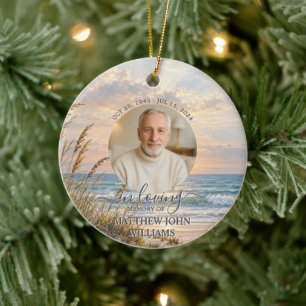 Ocean Coastal Sunset Male Photo Funeral Memorial Ceramic Tree Decoration
