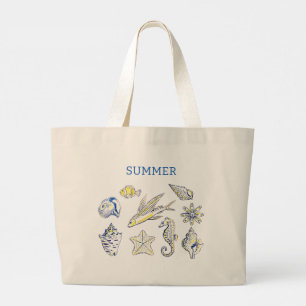 Ocean creatures blue and yellow large tote bag