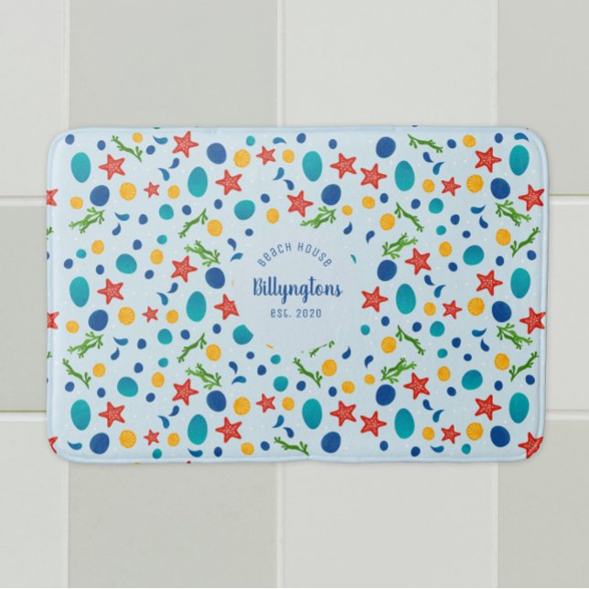 Ocean custom family name beach house sea collage bath mat (Custom holiday home beach sea collage bathroom mat with personalized name, year.)