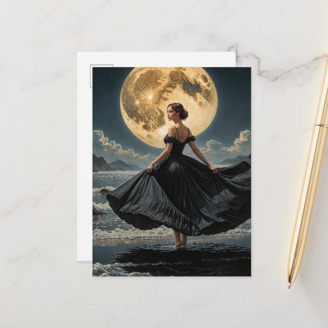 Ocean Dance Under the Moon Woman in Black Dress Postcard (Front/Back In Situ)