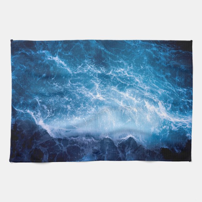 Ocean - Dark Blue Waves Tea Towel (Horizontal)