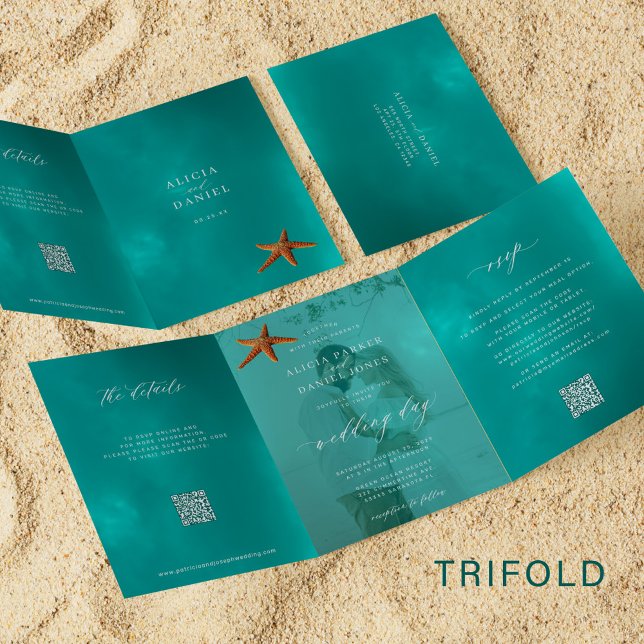 Ocean destination wedding photo QR RSVP details  Tri-Fold Invitation (Creator Uploaded)