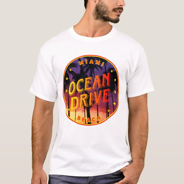 Ocean Drive, Miami, Florida Sunset Palm trees T-Shirt (Front)