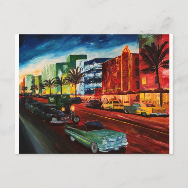 Ocean Drive Miami With Mint Cadillac Postcard (Front)