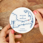 Ocean Edge Brewster MA Cape Cod Wedding Round Paper Coaster<br><div class="desc">Cheers to great times on Cape Cod at your coastal wedding celebration in Brewster with these personalised navy blue Cape Cod map paper coasters. Perfect customised paper coasters for your Cape Cod clam bake, Engagement Party, Wedding Welcome Party, Cocktail Hour or Wedding Reception in Brewster, MA, with the moveable heart...</div>