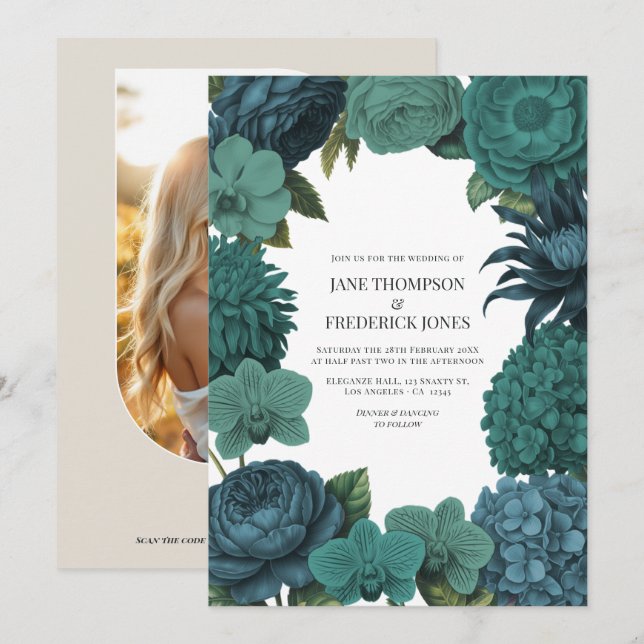 Ocean Emerald, Deep Lagoon & Tidepool Teal Wedding Invitation (Front/Back)