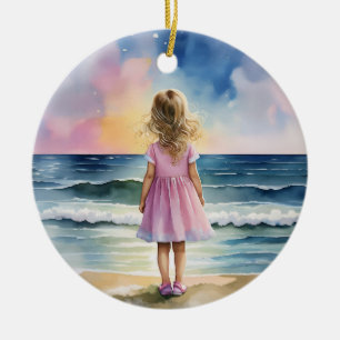 Ocean Eyes Florida Beach Girl Watercolor Ceramic Tree Decoration