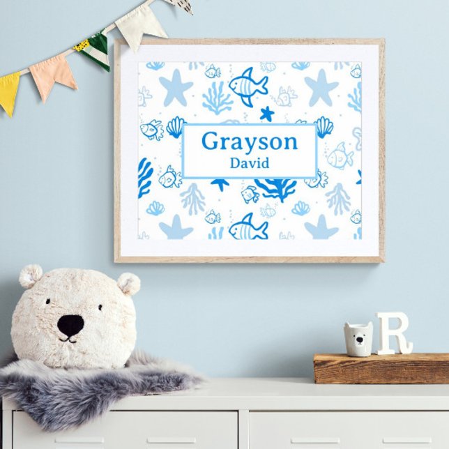 Ocean Fish Custom Name Nursery Boys Room Art Poster (Customize the name! Shown with white mat and wood frame. You will receive print or digital image .)